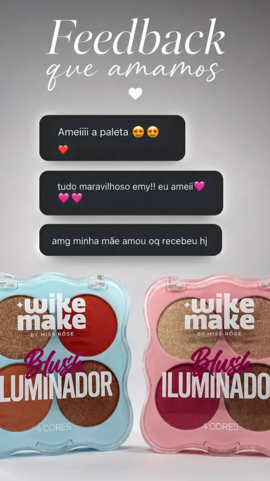 Clientes elogiam uma paleta, um iluminador e o atendimento da Éclat Beauty